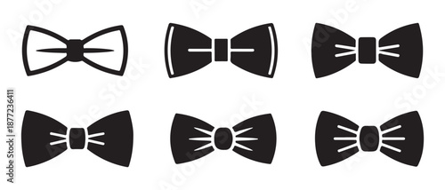 Collection of stylish black bow tie icons in various designs for formal events and fashion accessories.