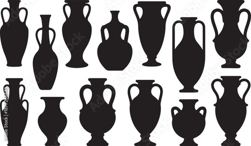 Antique Vase Silhouettes Set Black Vector Collection, black and white silhouette, vector and illustration	