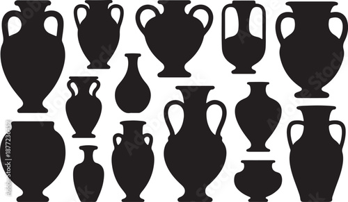 Antique Vase Silhouettes Set Black Vector Collection, black and white silhouette, vector and illustration	