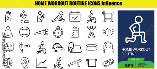 Set of Outline black and white home workout routine on a white background with a blue section