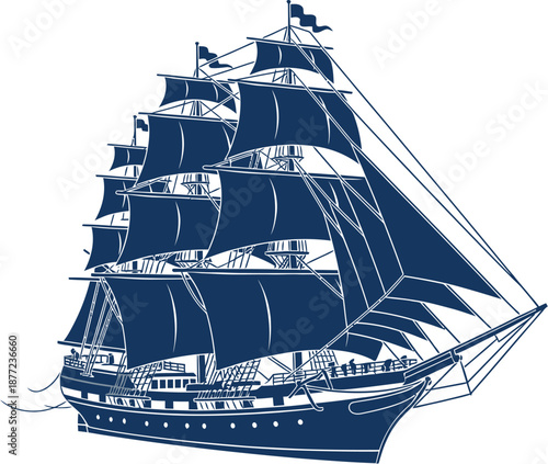 A detailed blue illustration of a large, multi-masted sailing ship with all sails unfurled, depicted in a classic tall ship style.