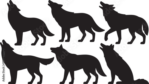 Wolf Silhouettes Set Black Vector Collection Howling Walking Wild Animal Icons Pack, black and white silhouette, vector and illustration	