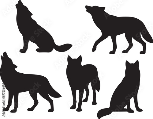 Wolf Silhouettes Set Black Vector Collection Howling Walking Wild Animal Icons Pack, black and white silhouette, vector and illustration	