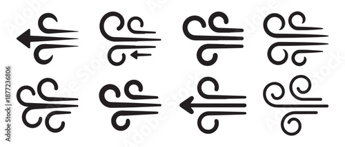 Stylized wind and air movement icons set with arrows indicating direction.