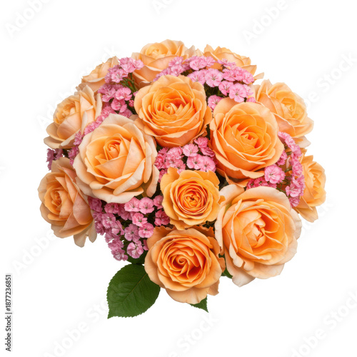 Elegant bouquet of peach roses and pink carnations, lush floral arrangement isolated on white background