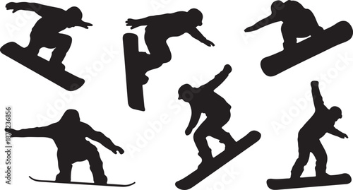 Snowboarder Silhouettes Set Black Vector Collection, black and white silhouette, vector and illustration