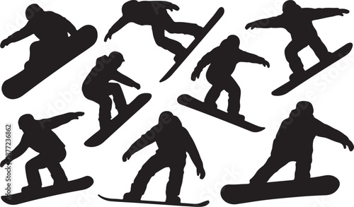 Snowboarder Silhouettes Set Black Vector Collection, black and white silhouette, vector and illustration