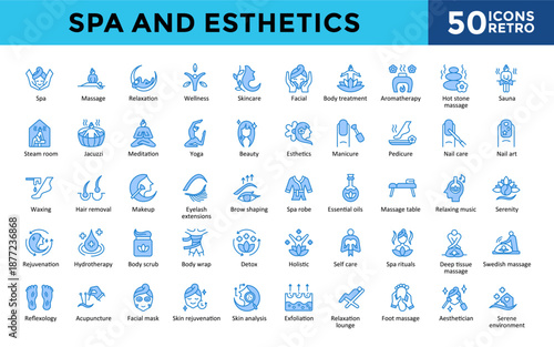 Spa and Esthetics icons set with spa, massage, relaxation, wellness, skincare, facial, body treatment, manicure, pedicure, and reflexology icon. Simple retro vector 
