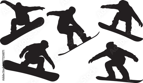 Snowboarder Silhouettes Set Black Vector Collection, black and white silhouette, vector and illustration