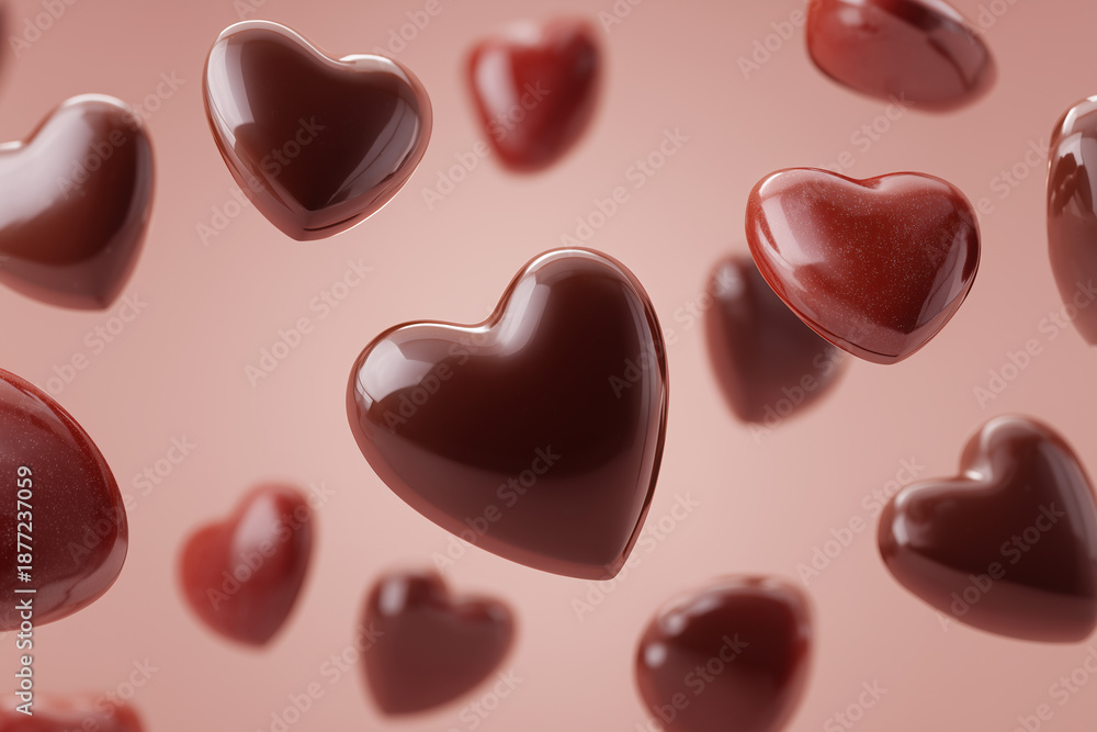 Fototapeta premium Chocolate hearts floating in air on pink background for valentines day