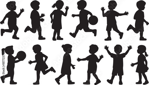 Kids Silhouettes Set Black Vector Collection Children Playing Standing Poses Boy Girl, black and white silhouette, vector and illustration