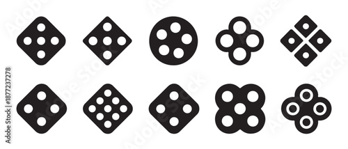 Set of Dice Icons, Symbols, and Graphic Elements on White Background.