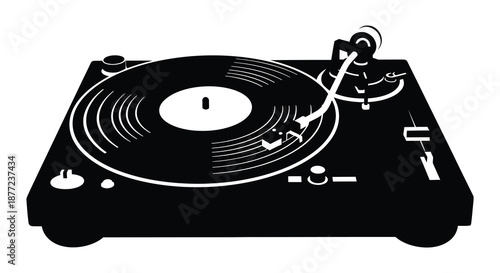 A striking black and white depiction of a vintage record player with a human figure silhouette