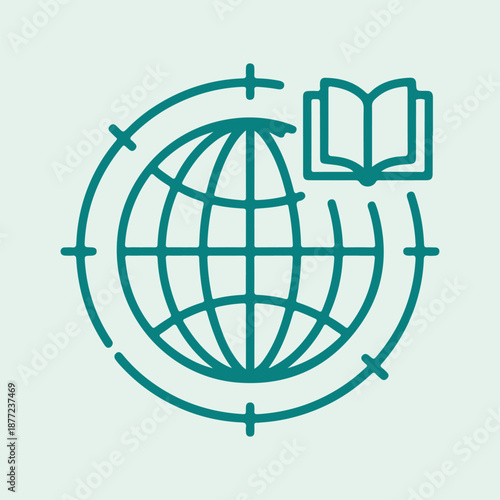 Minimalist teal line art icon depicting global education with grid globe and open textbook