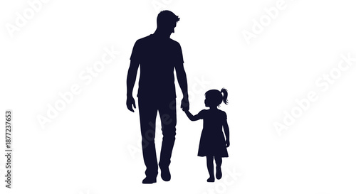 A father and daughter walking hand in hand depicted as a striking black silhouette