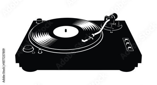 A striking black and white illustration of a vintage record player in detailed silhouette