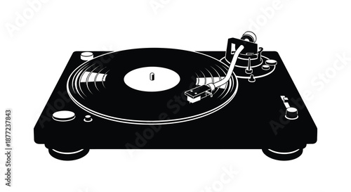 A striking black and white depiction of a vintage turntable with detailed components silhouette