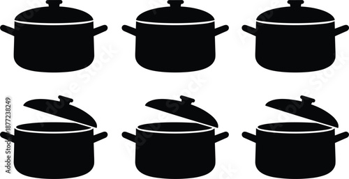 Six black silhouettes of kitchen cooking pots with lids including three closed and three with open covers.