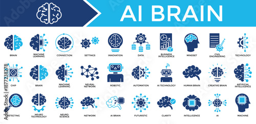 Ai Brain icon set collection. Containing organ, mind, think, intelligence, touch, brain, knowledge .Solid vector icons collection