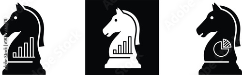 Strategic chess knight icons with business growth charts and pie diagrams representing financial planning and corporate success strategy.