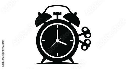 A striking black and white depiction of a classic alarm clock presented as a silhouette