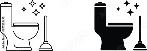 Two toilet icons in linear and solid styles featuring a plunger and sparkling stars to represent bathroom cleaning.