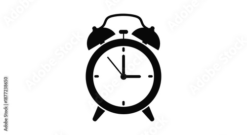 A striking black silhouette of a classic alarm clock displays time evoking mornings and schedules silhouette