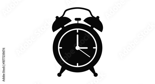 A striking black silhouette of a classic twin bell alarm clock against a white background silhouette