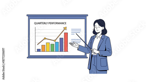 A businesswoman presents a quarterly performance report with a bar and line graph showing growth.