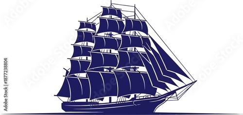 A detailed dark blue illustration of a majestic tall ship with multiple masts and full sails, evoking a sense of historical maritime travel and adventure.
