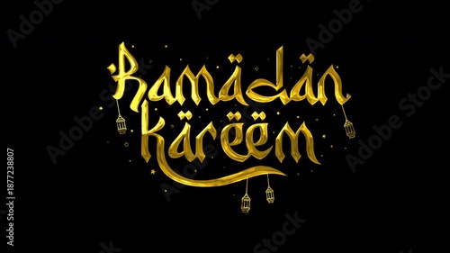 Golden ramadan kareem text animation with hanging lantern elements. Ideal for ramadan greeting cards, social media posts, posters, and banners.