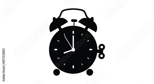 A detailed illustration of a classic alarm clock design rendered as a striking black silhouette