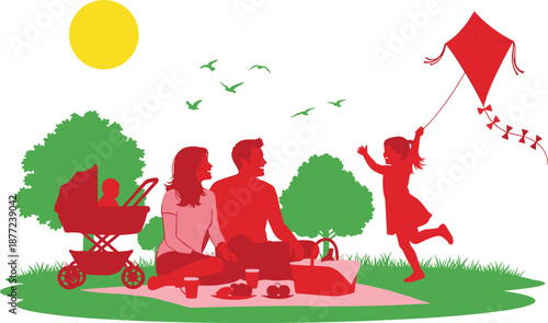 Family picnic illustration, parents relaxing with baby stroller, child flying kite, outdoor summer leisure, colorful flat design
