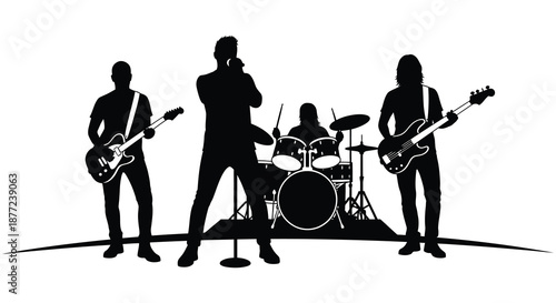 A striking black silhouette depicts a band performing with instruments on a stage silhouette