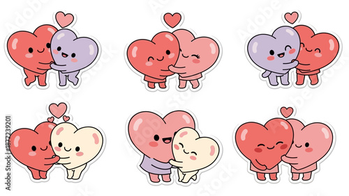Kawaii heart characters in various poses with cute expressions on a clean white background.