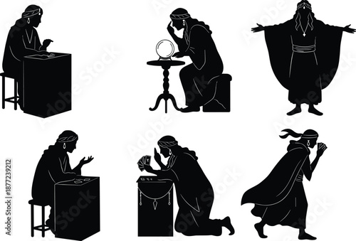 Fortune teller silhouette illustration set, tarot reading crystal ball psychic wizard mystic characters, black vector figures isolated on white