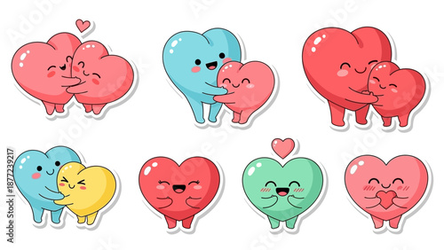 A collection of cute, kawaii heart characters with various emotions, in a colorful, flat lay against a clean white background, conveying love and Valentine's Day themes with a joyful mood.