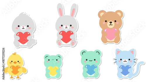 A set of cute, colorful animal characters holding hearts on a white background, featuring a kawaii style with elements of love and Valentine's Day, in a flat lay composition.