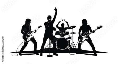 A black and white depiction of a rock band performing on stage a striking silhouette
