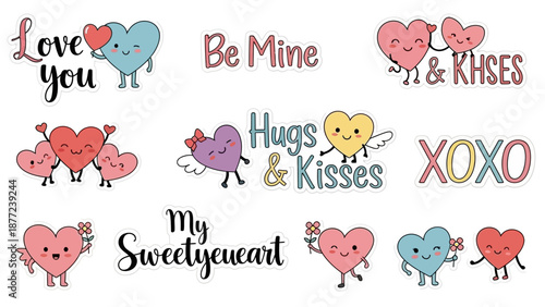 A flat lay of cute and kawaii Valentine's Day characters, icons, and phrases on a clean white background, conveying love, romance, and affection.