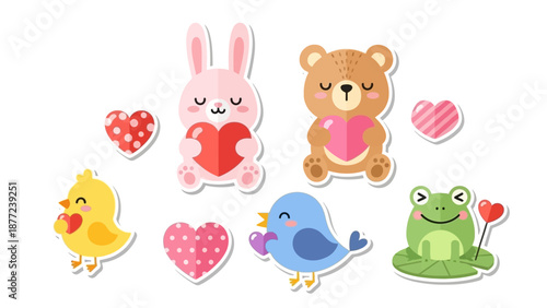 A cute Kawaii Valentine character set featuring a pink bunny, brown teddy bear, yellow chick, blue bird, green frog, and various heart icons in a flat lay against a clean white background.