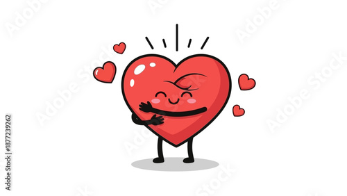 Kawaii heart character with a flirty expression surrounded by small hearts on a white background, conveying cute Valentine's Day themes.