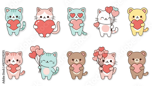Kawaii cartoon animals holding hearts and flowers in pastel colors on a white background, cute character icons for Valentine's Day.