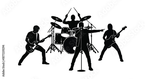 A dynamic band performance with a drummer guitarist bassist and vocalist a dark silhouette
