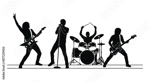 A dynamic rock band performing on stage captured in a striking black silhouette