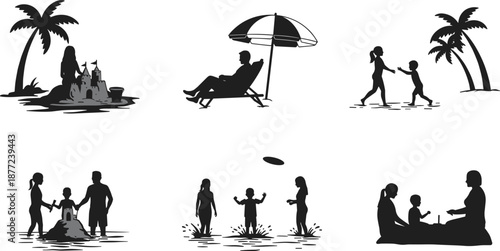 Family beach silhouette illustration set, parents children relaxing playing sand, summer vacation seaside lifestyle scenes, black design, isolated on white background