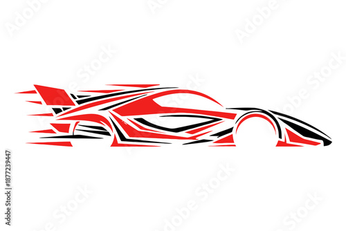 Red and black sports car graphic illustration on white background.