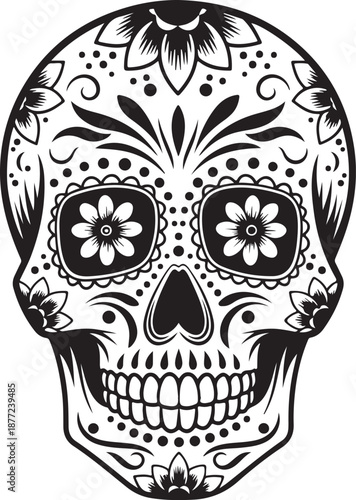Black and white sugar skull with floral day of the dead 1