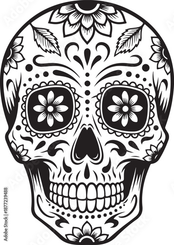 Black and white sugar skull with floral day of the dead