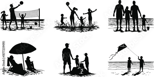 Family beach silhouette illustration set, parents children playing relaxing seaside, summer vacation lifestyle moments, black design, isolated on white background